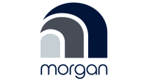 Stylish logo with a modern, curved design in shades of blue and gray, featuring the text 'morgan'.
