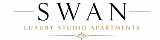 Elegant logo for Swan Luxury Studio Apartments featuring a graceful swan in white and gold against a navy background.