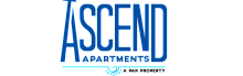 Ascend Apartments logo in bold blue lettering with an arrow symbol, symbolizing growth and upward movement.