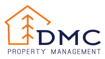 Modern DMC Property Management logo featuring an orange and navy color scheme with a stylized house graphic.