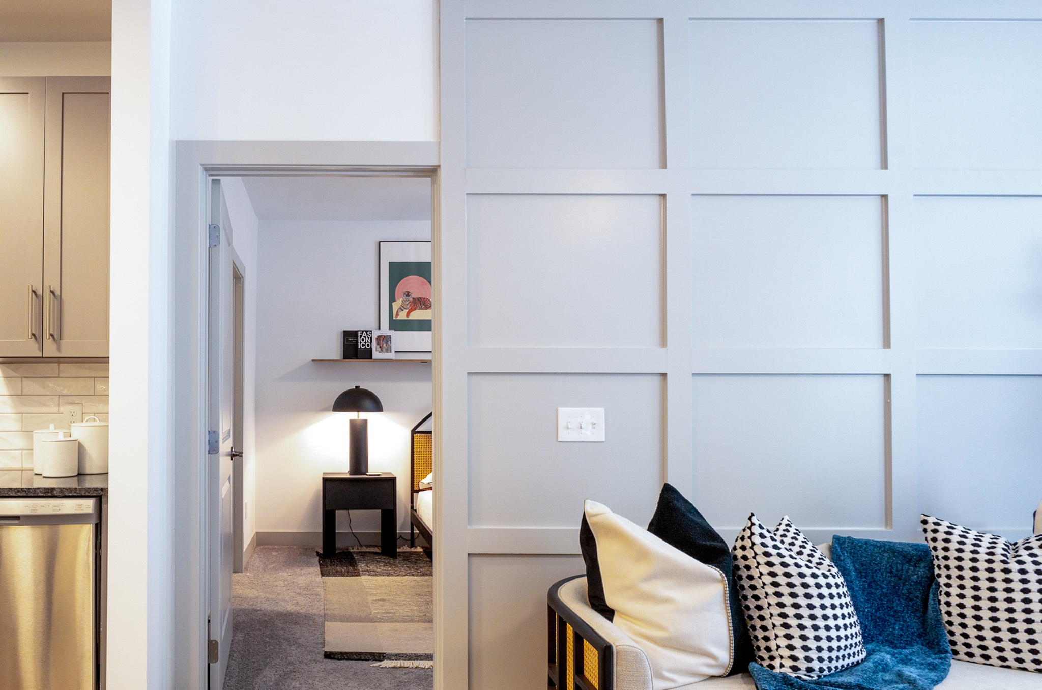 Modern living space inside a Woodburn Exchange apartment in Cincinnati