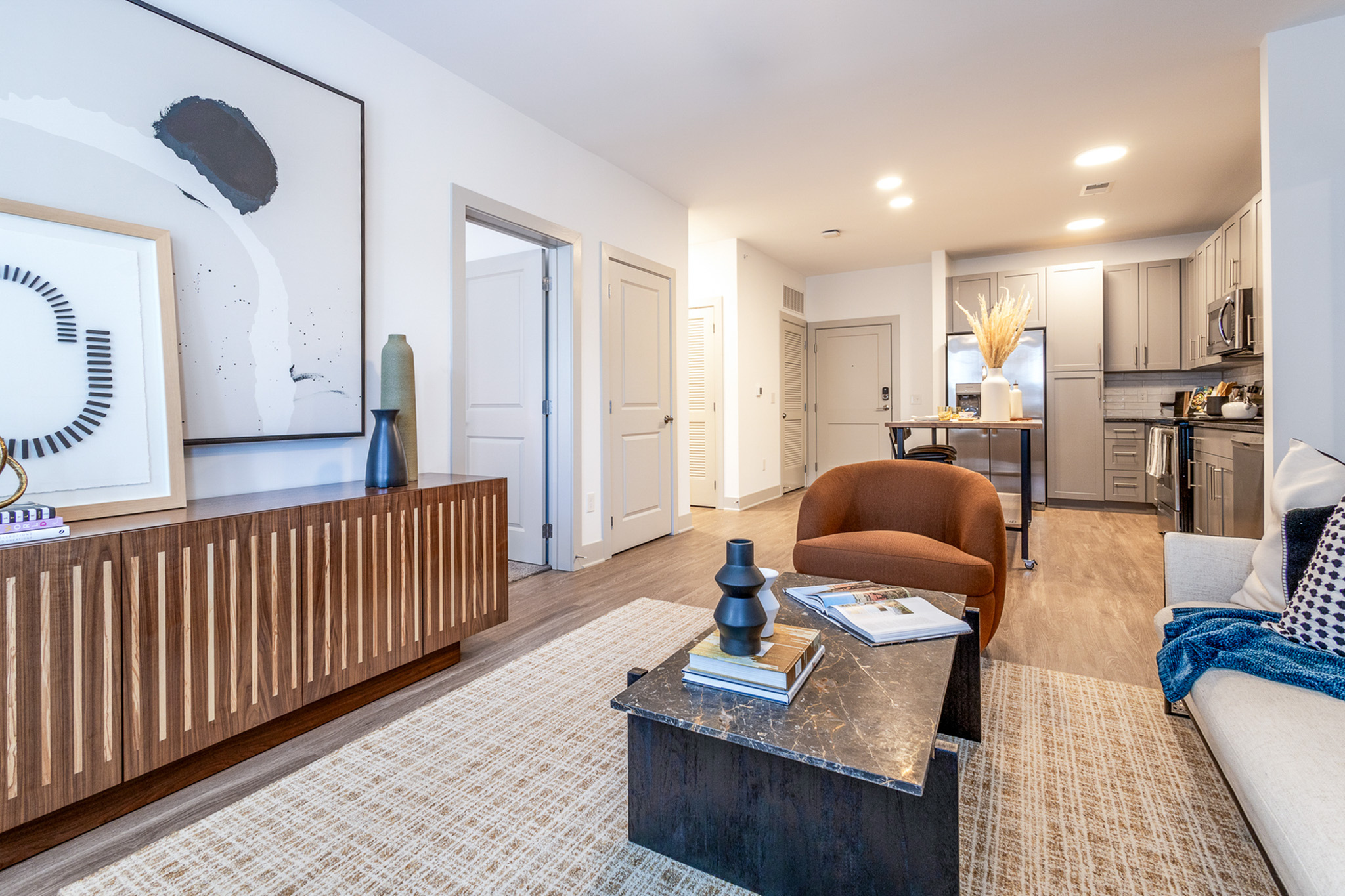 Bedroom and interior details inside a Woodburn Exchange apartment
