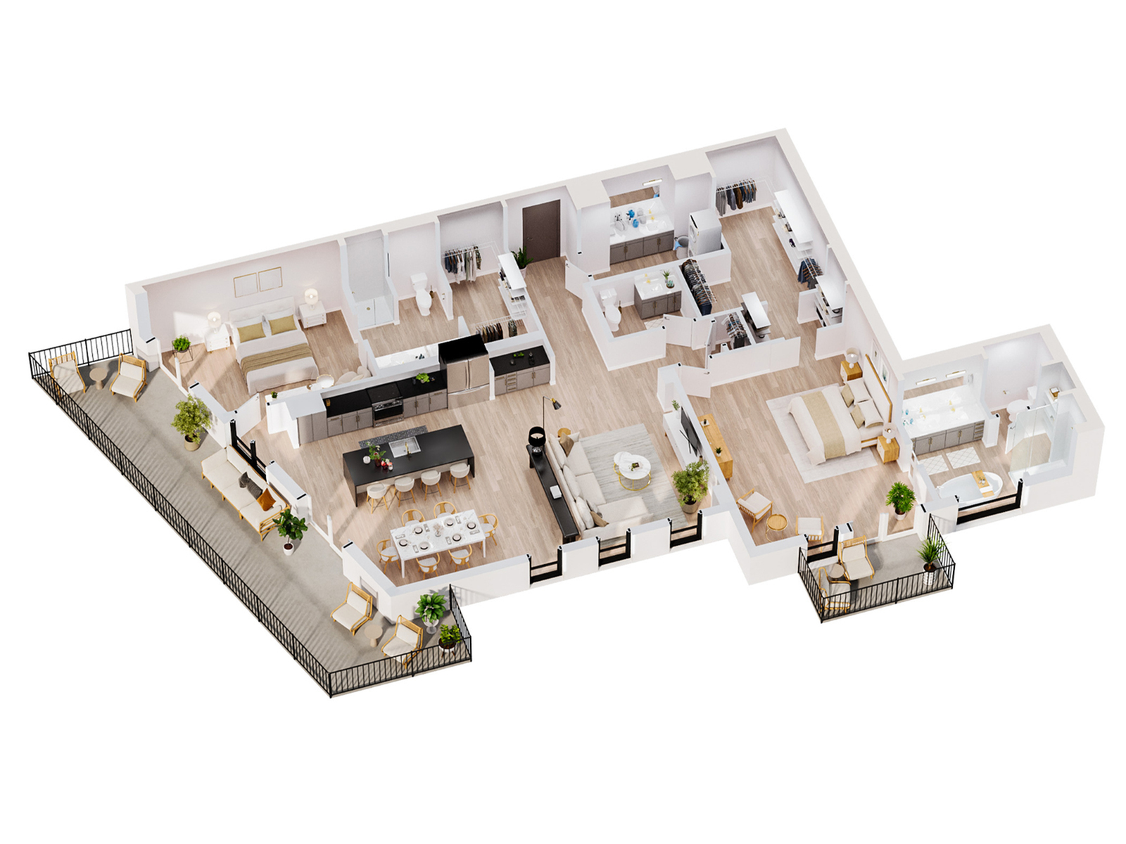 3D-rendered floor plan of the Dione penthouse at Sugar Alley, featuring a spacious modern layout with expanded balcony views