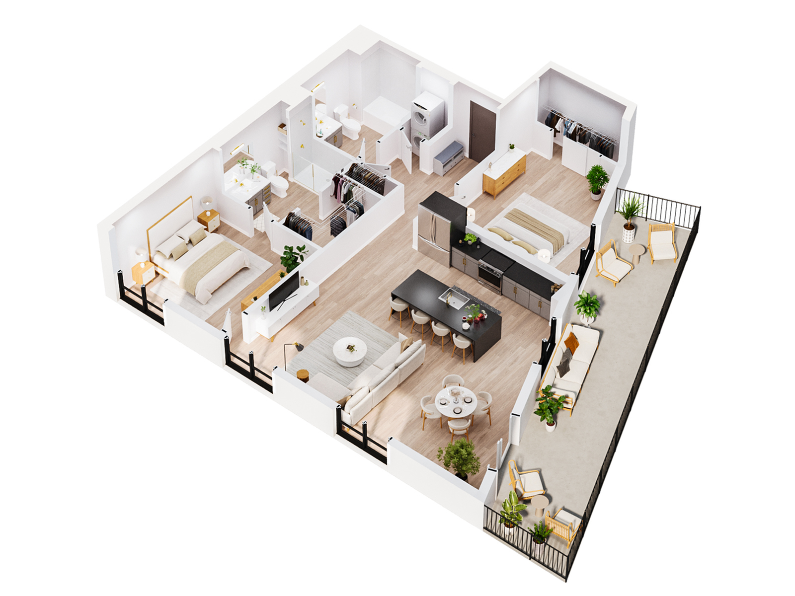 3D-rendered floor plan of the Callisto penthouse at Sugar Alley with a refined, modern layout and generous living space
