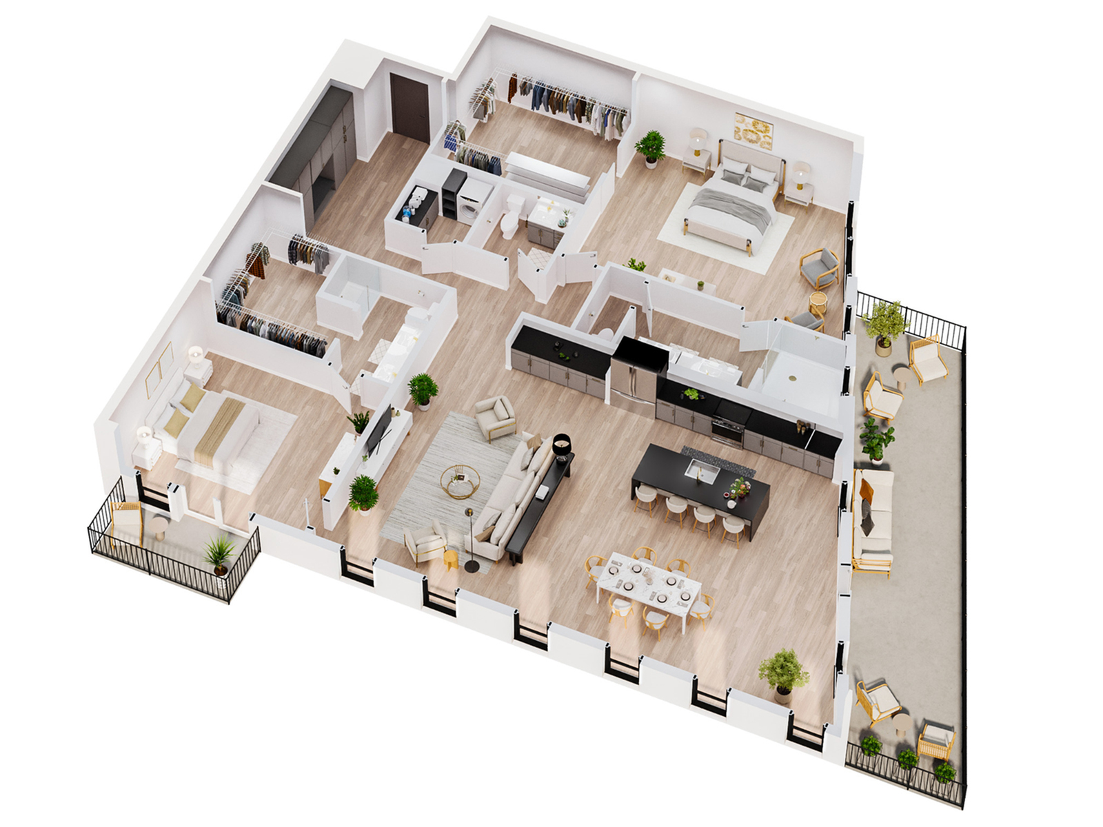 3D-rendered floor plan of the Crest penthouse at Sugar Alley, featuring expansive rooms and sweeping corner layout