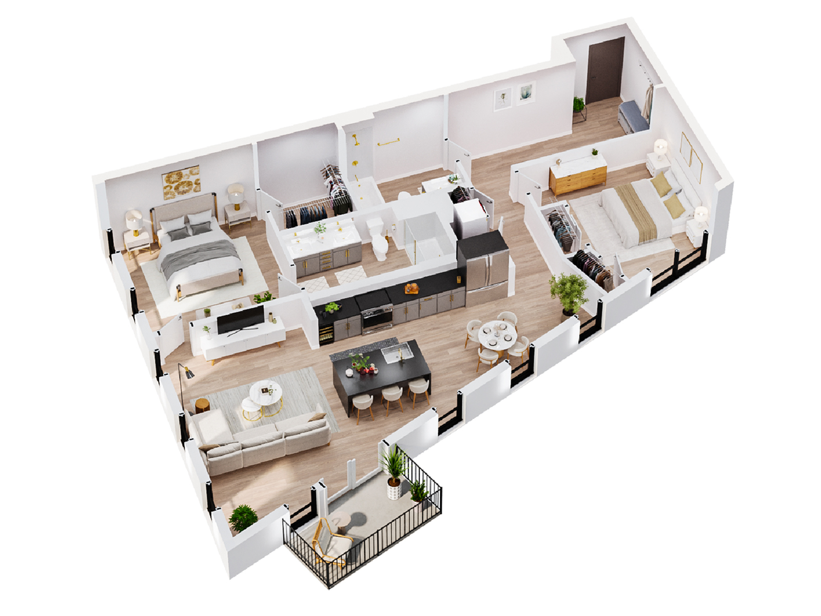 3D-rendered floor plan of the Io penthouse at Sugar Alley, showcasing an efficient modern layout with upscale finishes