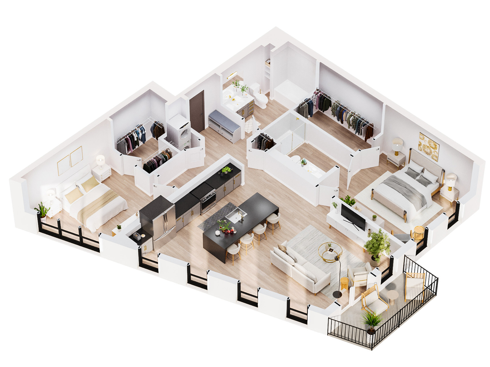 3D-rendered floor plan of the Luna penthouse at Sugar Alley, showing an open-concept layout with modern finishes