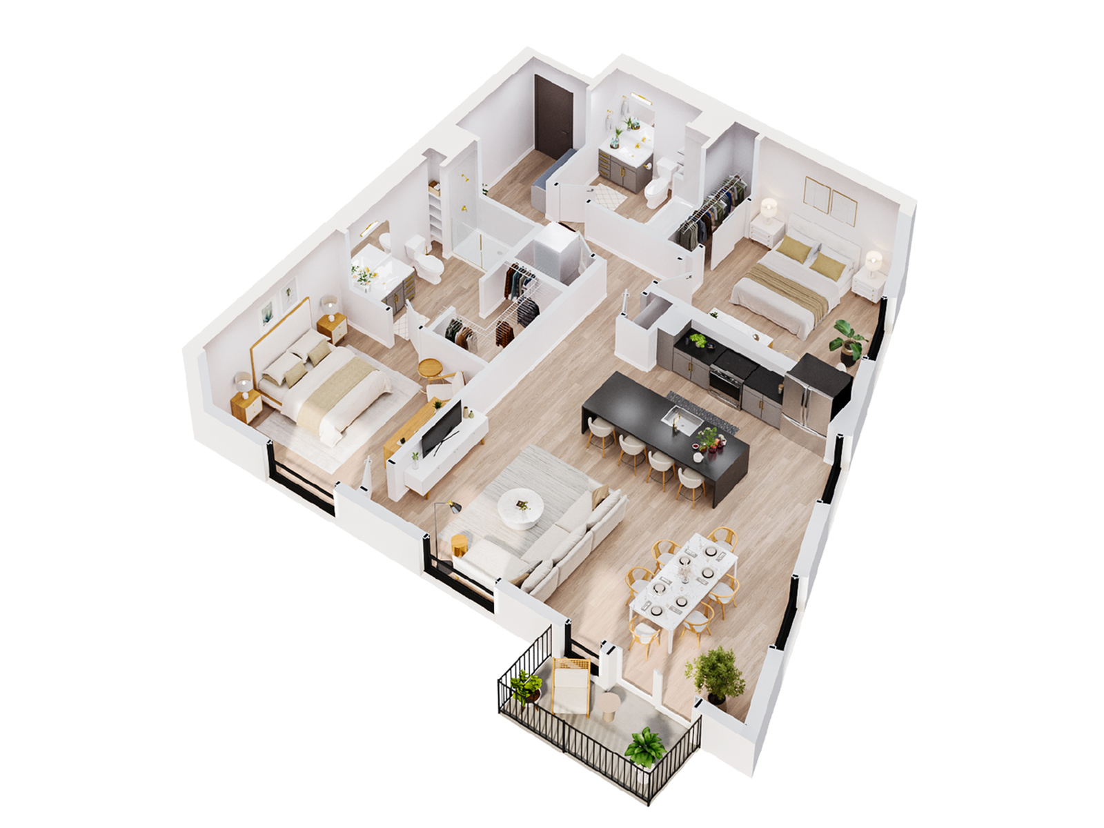 3D-rendered floor plan of the Selene penthouse at Sugar Alley, highlighting spacious living areas and premium details