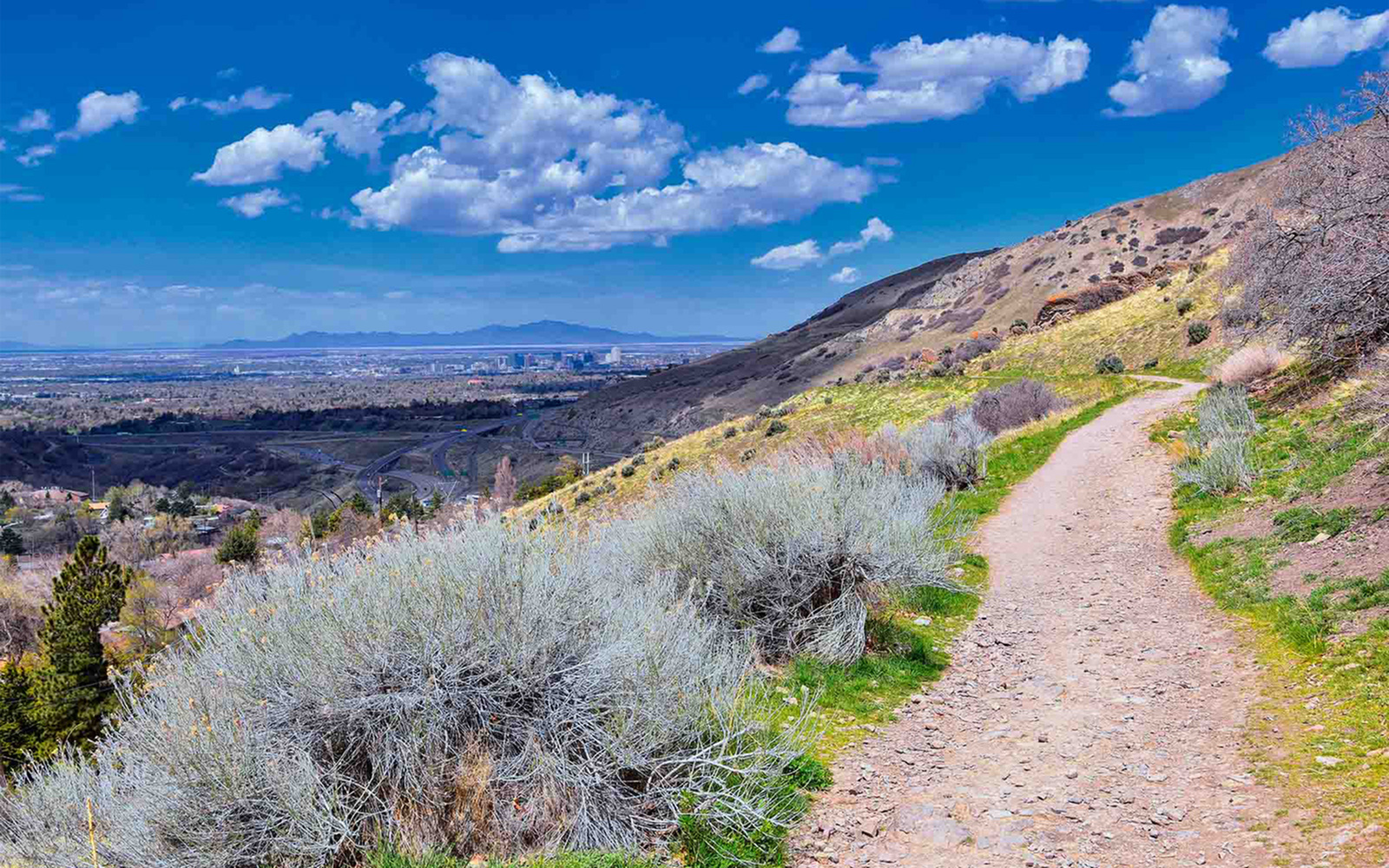 Hiking trail at Bonneville Shoreline Trail near North Salt Lake featuring mountain views and scenic outdoor recreation.