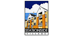 Colorful illustration of Stationside Village apartment complex with balconies under a blue sky