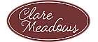 Elegant Clare Meadows logo featuring a stylish script font within an oval maroon background.