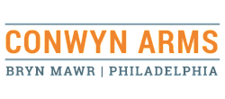 Conwyn Arms logo featuring bold orange and blue typography, highlighting Bryn Mawr, Philadelphia.