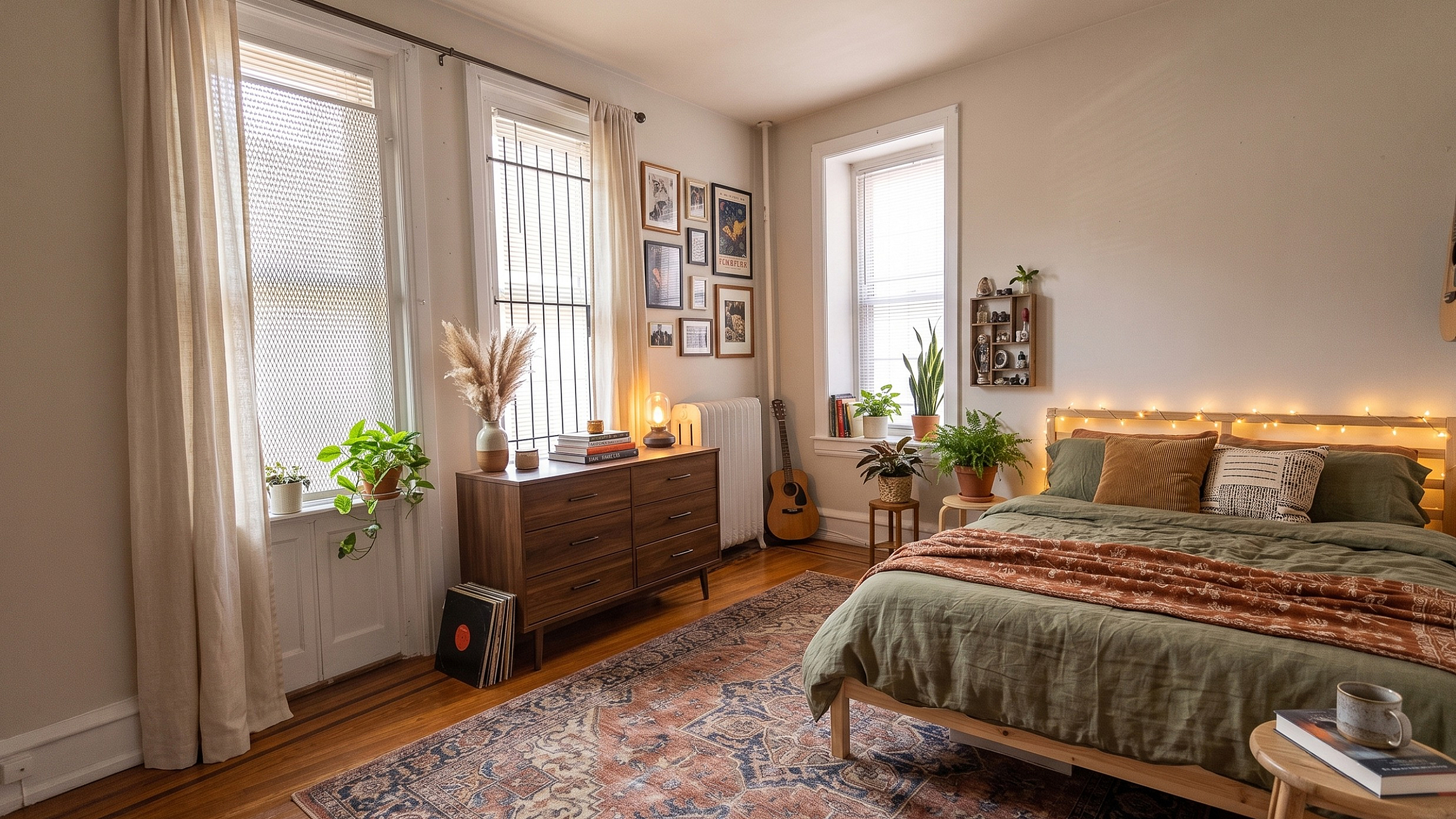 Cozy bedroom featuring warm lighting, elegant wall art, and lush plants, creating a serene and inviting atmosphere.
