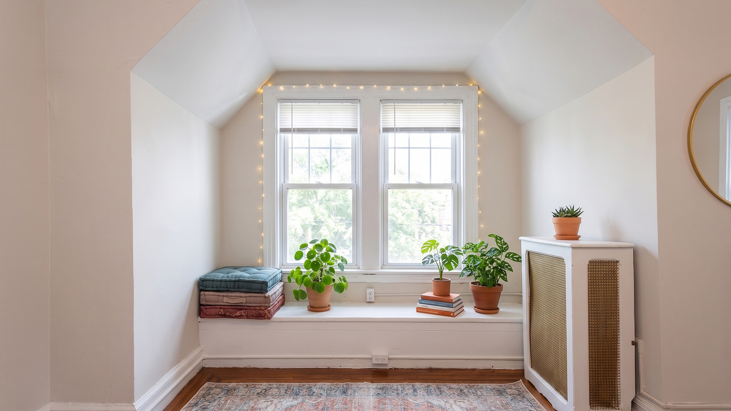 Bright and cozy nook featuring large windows with fairy lights, vibrant plants, and inviting cushions perfect for relaxation.