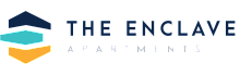 Modern logo of The Enclave Apartments featuring a stylish geometric design with three stacked shapes in navy, teal, and orange.