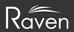 Sleek and modern Raven logo with a stylish curved design element.