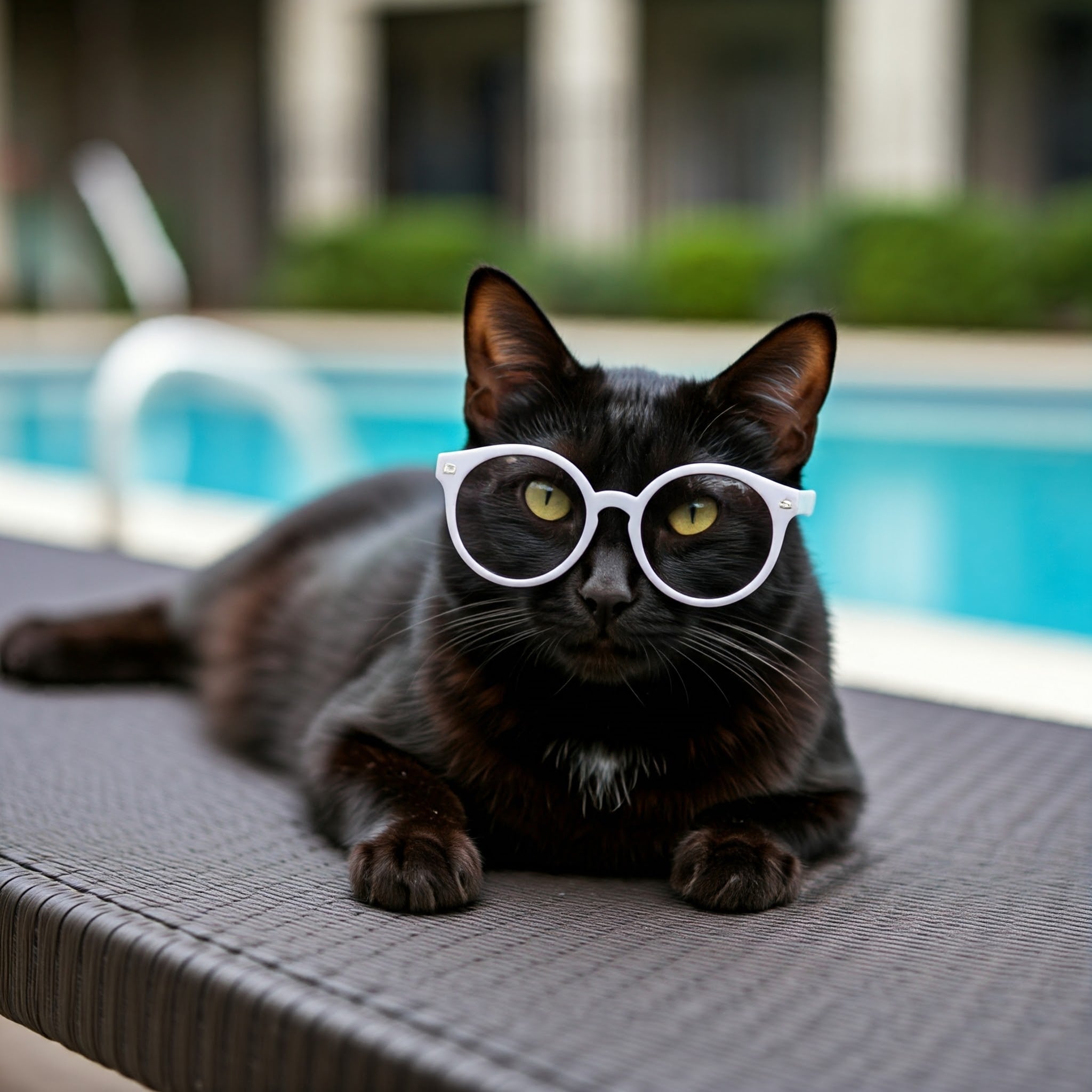 Gemini Generated Image of a cat wearing shades lounging by the pool at Trailwood Village Apartments