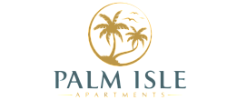 Elegant Palm Isle Apartments logo featuring golden palm trees and birds in a circular design, embodying tropical tranquility.