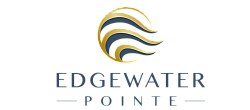 Sophisticated Edgewater Pointe logo featuring elegant gold and navy wave design, perfect for luxury waterfront living.