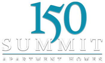 Modern and elegant logo for 150 Summit Apartment Homes featuring bold teal numerals and classic white lettering.