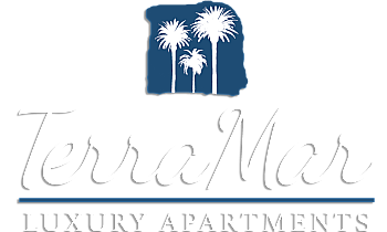 Elegant TerraMar Luxury Apartments logo featuring stylish palm trees, representing sophistication and upscale living.