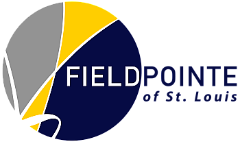 Field Pointe of St. Louis logo with a modern and dynamic design featuring yellow, gray, and blue curves.