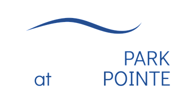 Elegant Carrington Park at Gulf Pointe logo with stylish blue and white wave design on a sleek black background.