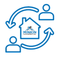 Illustration featuring two figures exchanging around a central house with the Minkin Management logo, symbolizing real estate management and collaboration.