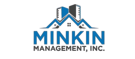 Sleek logo design for Minkin Management, Inc. featuring modern skyscrapers and stylized rooftops.