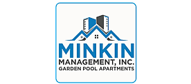 Elegant logo for Minkin Management, Inc. featuring a modern architectural design and highlighting the Garden Pool Apartments.