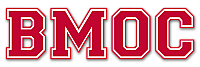 Bold red BMOC varsity-style letters create a strong visual impact, perfect for college spirit or sports theme.