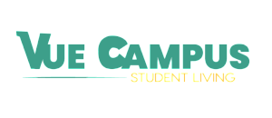 Vue Campus logo with modern typography in teal and yellow, representing vibrant student living.