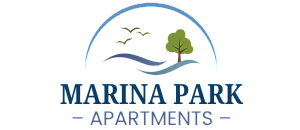 Charming Marina Park Apartments logo featuring a scenic arch with flying birds and a lush tree, emphasizing natural elegance and tranquil living.