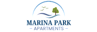 Elegant Marina Park Apartments logo featuring a serene landscape with flying birds, a tree, and gentle waves, capturing the essence of tranquil living.