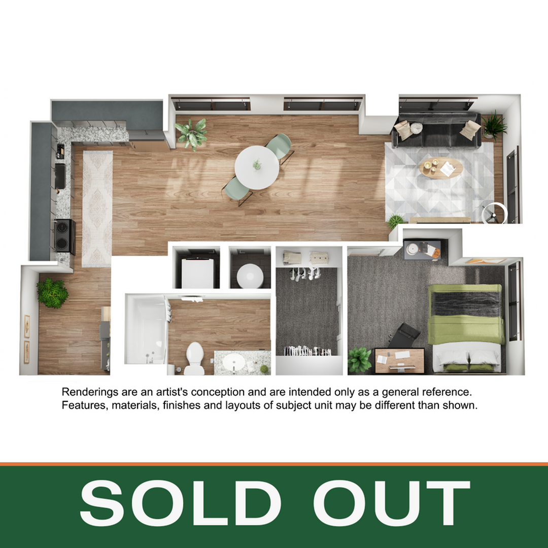 Floor plan layout diagram for 1BR/1BA - A1