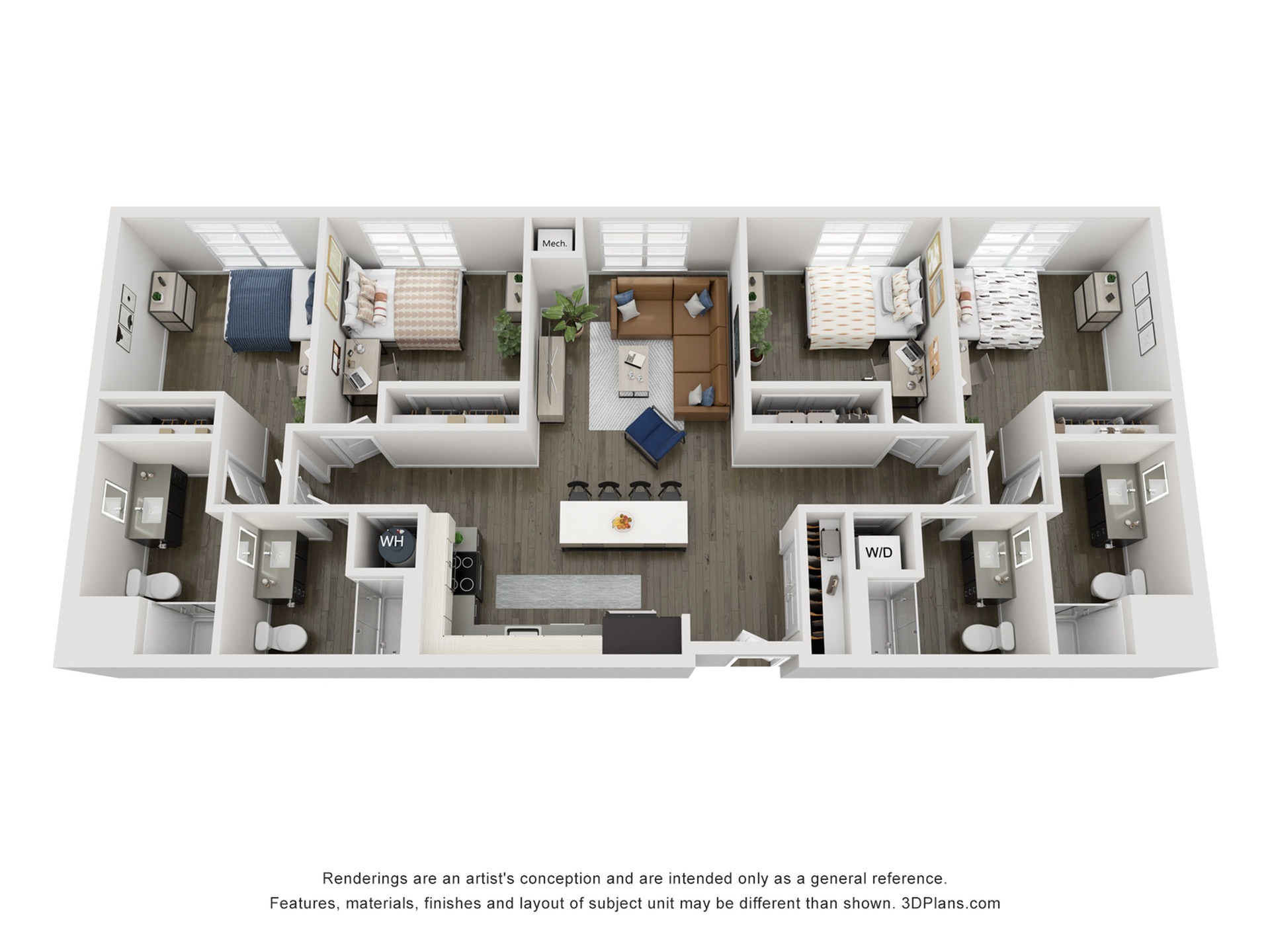 Floor plan layout diagram for 4BR/4BA - D1
