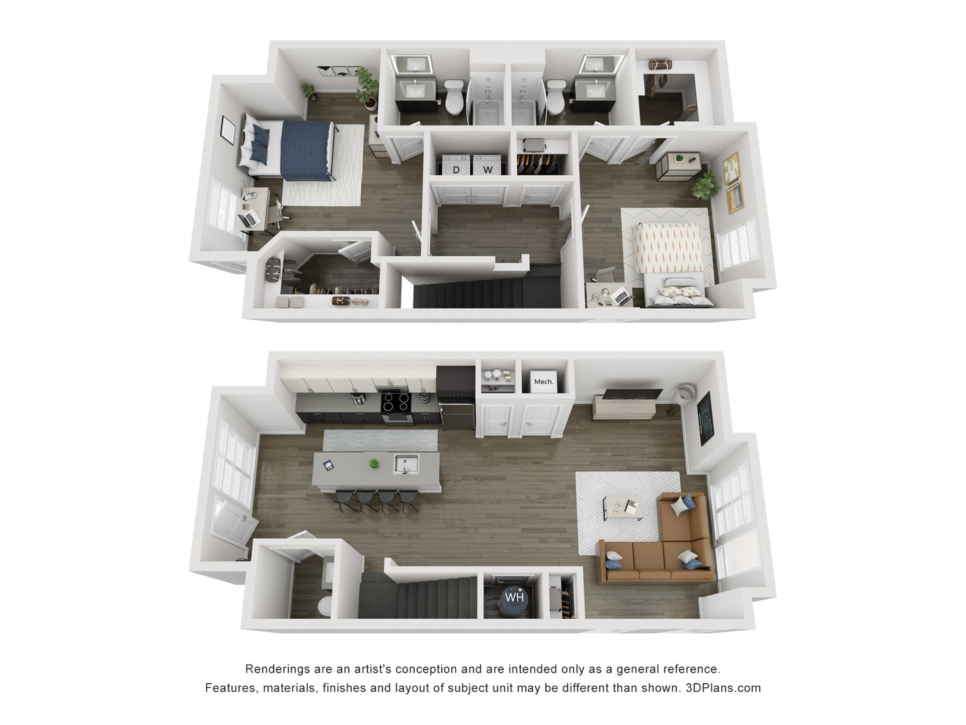 Floor plan layout diagram for 2BR/2.5BA - B3 Townhome