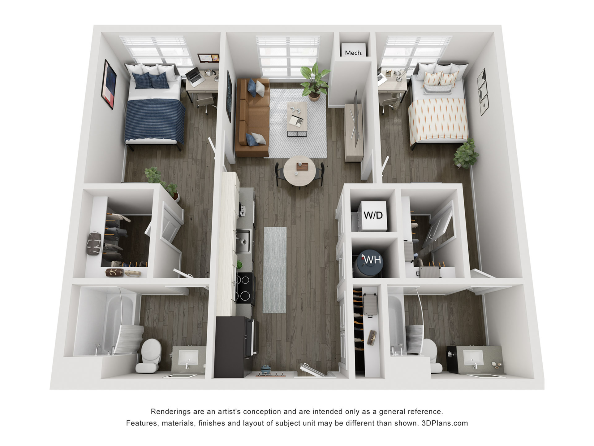 Floor plan layout diagram for 2BR/2BA - B1