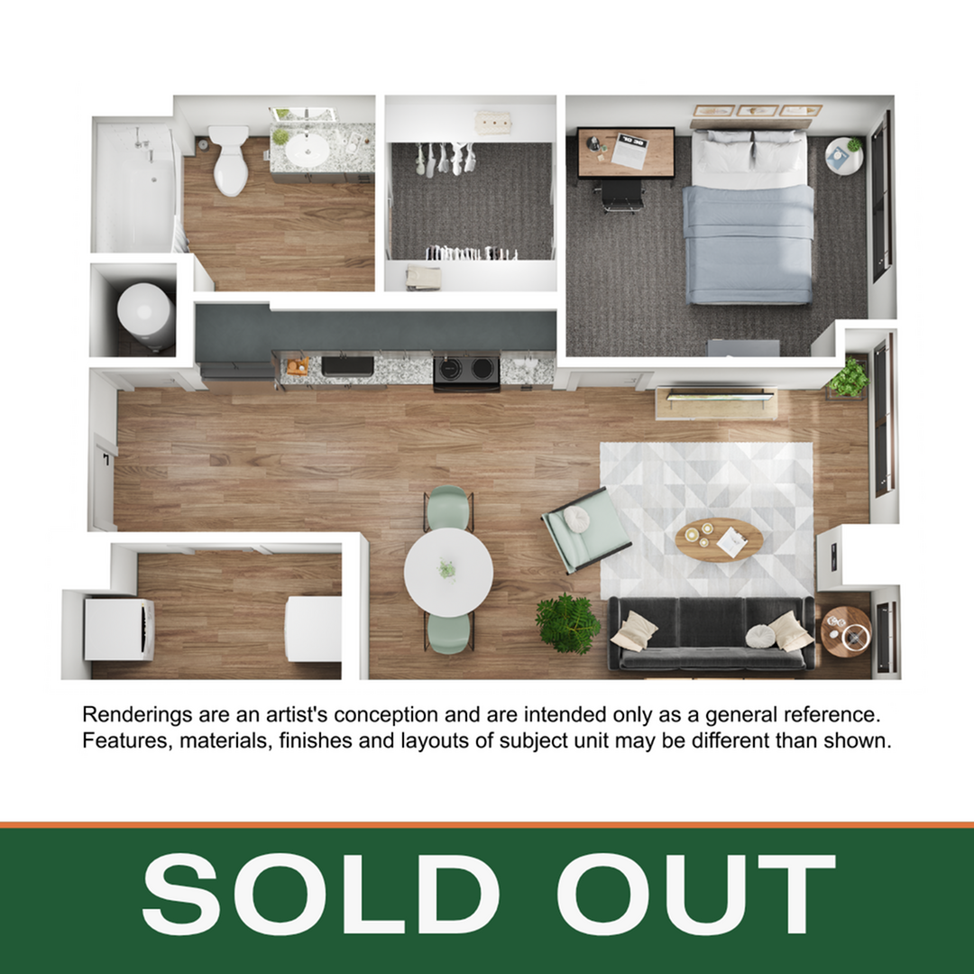 Floor plan layout diagram for 1BR/1BA - A2