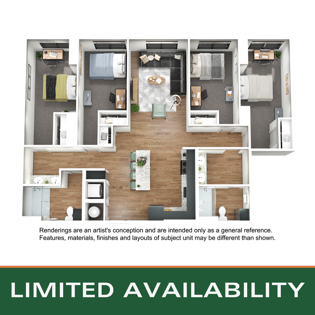 Floor plan layout diagram for 4BR/2BA - D1