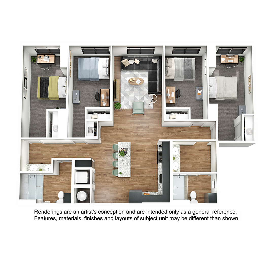 Floor plan layout diagram for 4BR/2BA - D1