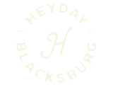 Elegant logo design featuring 'Heyday' in a circular style, centered by a bold letter 'H', with 'Blacksburg Est. '26' surrounding it.