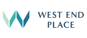 Elegant logo of West End Place with a modern geometric design in shades of blue and green.