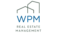 Modern WPM Real Estate Management logo featuring two stylized buildings, exuding professionalism and trust.