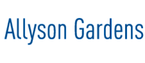 Logo of Allyson Gardens with elegant blue typography on a white background.