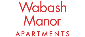 Elegant Wabash Manor Apartments logo in bold red letters.