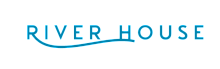 Elegant River House logo with flowing blue wave design, conveying modern waterfront living.