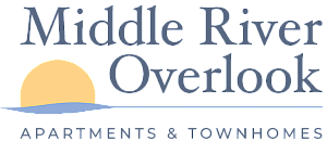Middle River Overlook logo featuring modern design with a sun setting over a river silhouette, highlighting luxury apartments and townhomes.