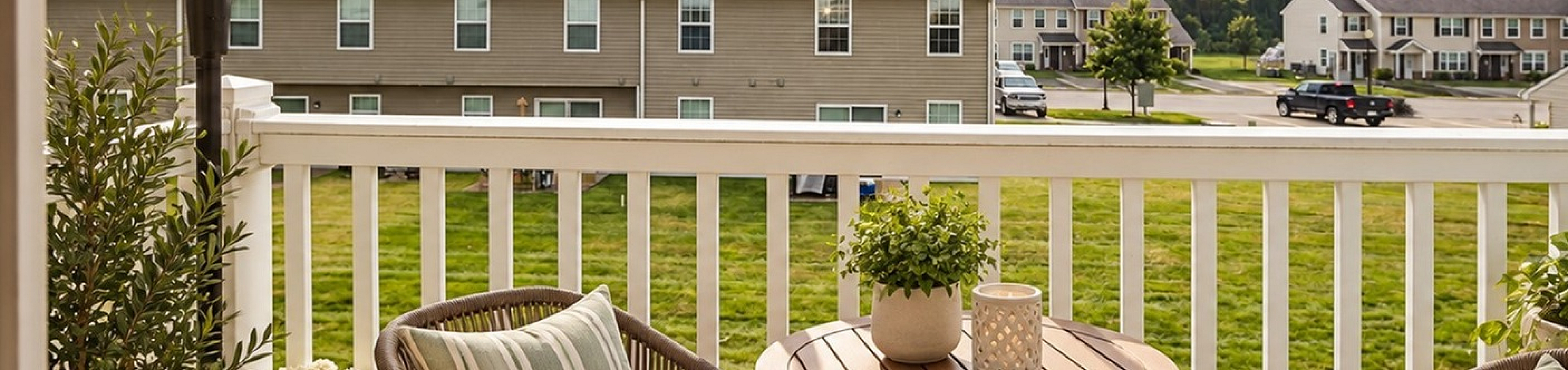 Charming balcony view with cozy seating, vibrant plants, and a peaceful neighborhood backdrop.