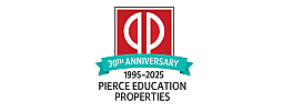 Celebrating 30 years of excellence with Pierce Education Properties, 1995-2025 anniversary emblem.